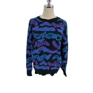 Bugle Boy USA Sweater Women's Size Medium Black Blue Crew Neck